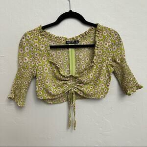 NASTYGAL FLORAL PRINT RUCHED PUFF SLEEVED CROP TOP